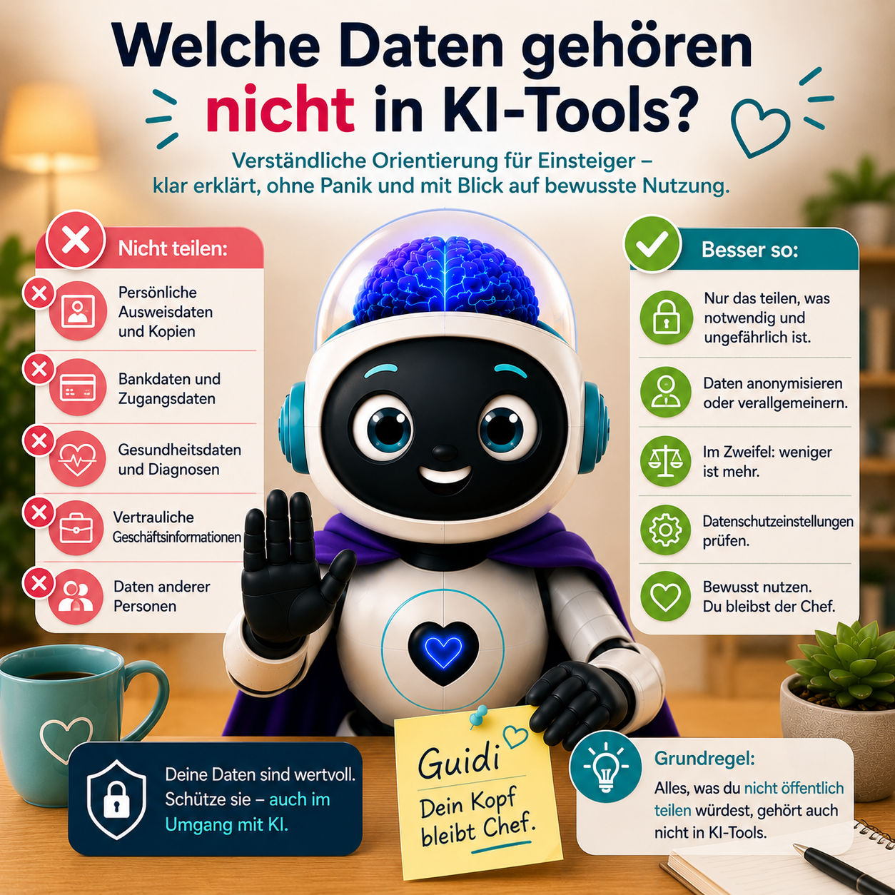 Welche Daten gehören nicht in KI-Tools? Eine verständliche Orientierung für Einsteiger – klar erklärt, ohne Panik und mit Blick auf bewusste Nutzung.