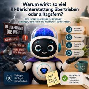 Warum wirkt so viel KI-Berichterstattung übertrieben oder alltagsfern? Eine ruhige Einordnung für Einsteiger – ohne Hype, ohne Panik und mit Blick auf echten Nutzen