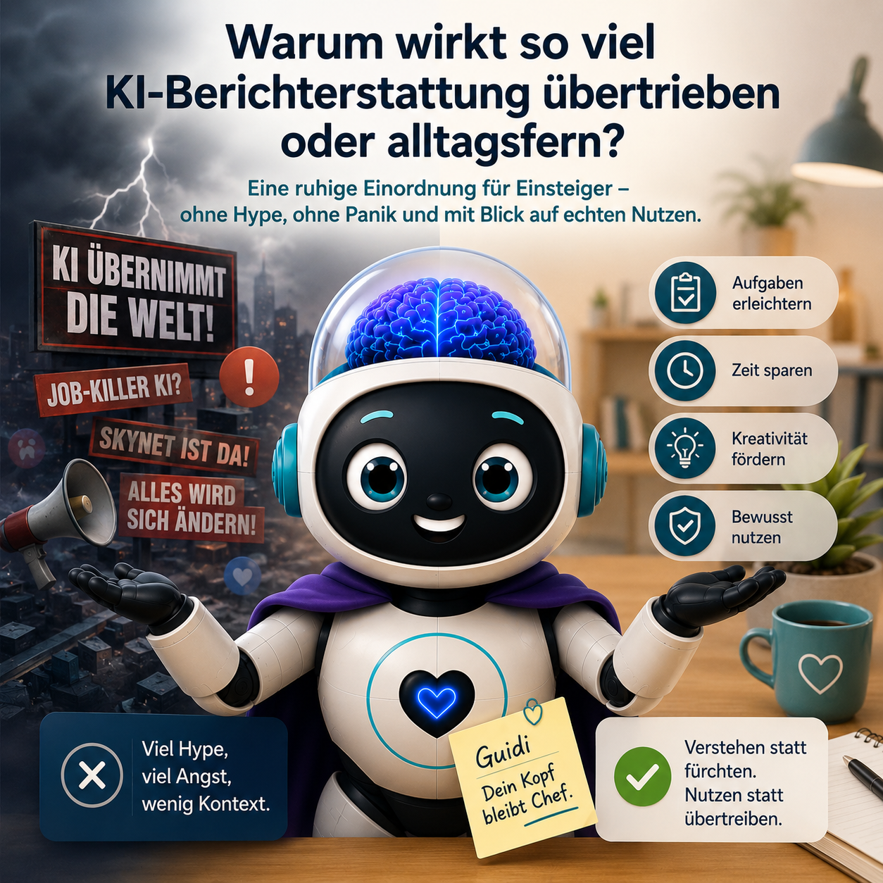 Warum wirkt so viel KI-Berichterstattung übertrieben oder alltagsfern? Eine ruhige Einordnung für Einsteiger – ohne Hype, ohne Panik und mit Blick auf echten Nutzen